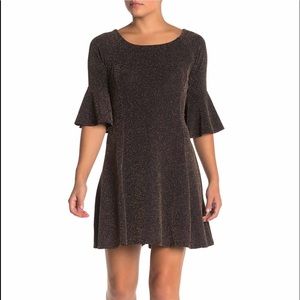 Metallic Knit Bell Sleeve Mini Dress Black-Gold